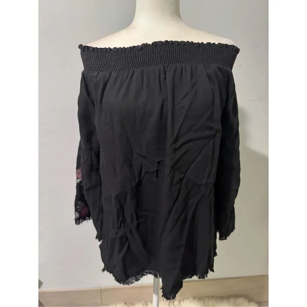 Billy T Black off the shoulder boho fridge edge embroidered Top S - Picture 7 of 7